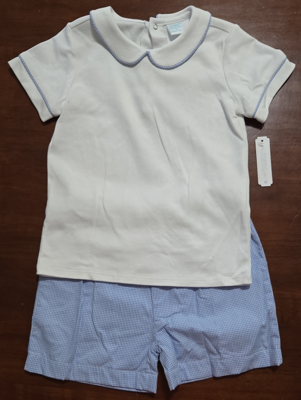 Edgehill Collection White Short-Sleeve Peter Pan Collar Top with Blue Trim Set